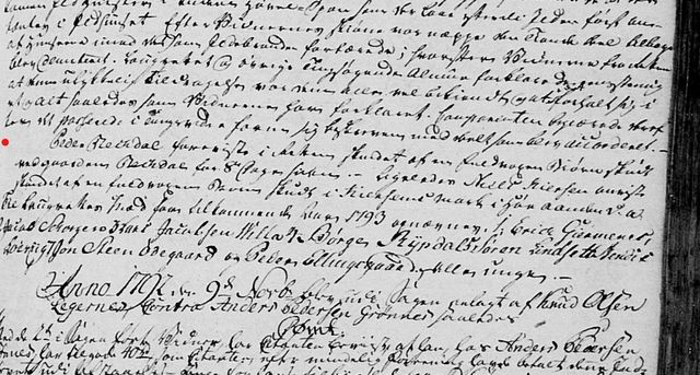 Her er tingboka av 1792 som viser at Peder Rekdal har skutt bjørn. Peder Kristensen var fullt namn. Teksten midt på bildet lyder: 